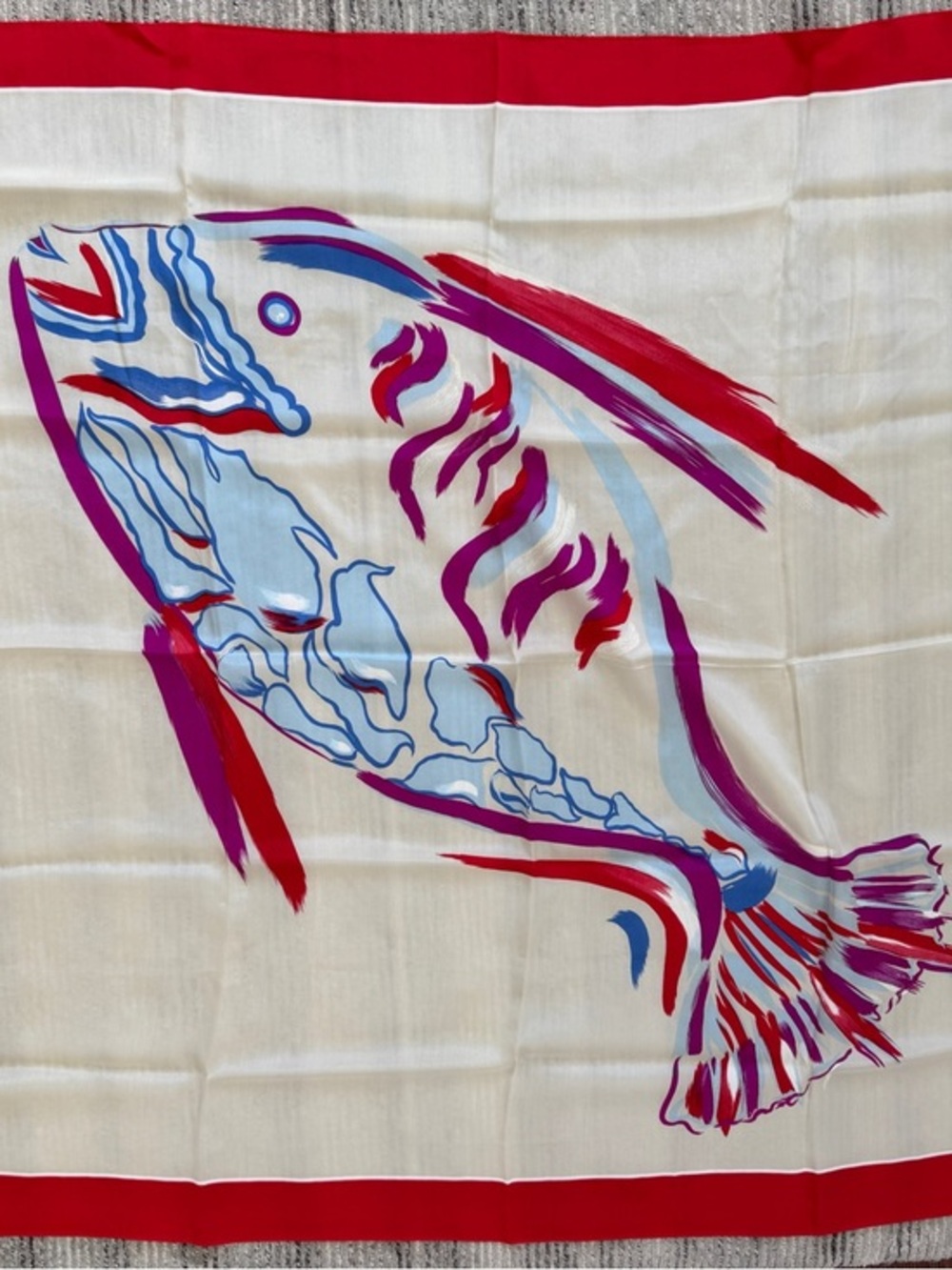 Vintage Anne Klein for Vera White Silk Fish Print   Scarf 34”